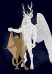absurd_res anthro antlers balls canon_couple cervine deer disney duo feathered_wings feathers flaccid foreskin gargoyle gargoyles genitals hi_res horn humanoid_genitalia humanoid_penis lexington_(gargoyles) long_foreskin male male/male mammal membrane_(anatomy) membranous_wings nipples nude pecs penis pubes romantic romantic_couple scalie smagma smile staghart standing wings