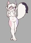 anthro breasts ear_tuft eyewear eyewear_only female fluffy fluffy_tail glasses glasses_only hair hands_behind_head long_hair looking_at_viewer markings navel nipples nude pink_body pose purple_body seductive smile solo spots tail tail_markings tuft wearing_glasses white_body e254e nova_(givemenovacane) felid feline lynx mammal absurd_res hi_res