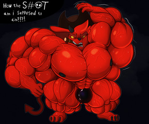 3_toes 4_fingers abs annoyed anthro areola biceps big_areola big_ears big_muscles big_pecs black_background black_horn black_nipples black_nose bodily_fluids broad_shoulders brown_clothing brown_hat brown_headwear bulge cigar claws clothing cowboy_hat deltoids exclamation_point eyebrows feet fingers fist fur genitals grawlixes hair hat head_tuft headgear headwear horn huge_muscles huge_pecs hyper hyper_muscles latissimus_dorsi looking_aside male motion_lines muscular muscular_anthro muscular_legs muscular_male nipples open_mouth paws pecs pupils quads question_mark raised_arm red_body red_eyebrows red_eyes red_fur sharp_teeth short short_male simple_background solo spade_tail sweat tail teeth text thick_eyebrows thick_thighs toe_claws toes triangle_nose triceps tuft unusual_eyes vein veiny_muscles white_text yellow_sclera vezerem kings_of_hell gremile_'hotshot' bovid caprine demon goat imp mammal 2025 6:5 english_text full-length_portrait hi_res portrait