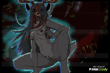 anthro antlers areola biped blood bodily_fluids breasts countershade_torso countershading female fingers front_view fur genitals hair horn looking_at_viewer nipples nude nude_anthro nude_female solo tail teeth vulva spiritelin mammal 2026 digital_drawing_(artwork) digital_media_(artwork) hi_res