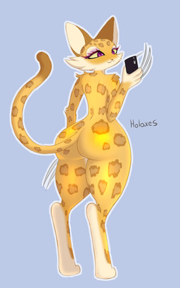 anthro butt claws countershading electronics female long_claws phone rear_view solo standing thick_thighs holaxes kirby_(series) kirby_and_the_forgotten_land nintendo clawroline felid leopard mammal pantherine absurd_res hi_res