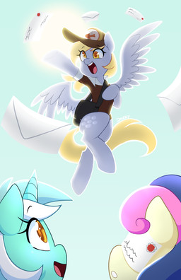 amber_eyes blonde_hair bottomless clothed clothing cutie_mark derp_eyes envelope eyebrow_through_hair eyebrows eyelashes feathered_wings feathers female feral flying green_hair grey_body grey_feathers group hair happy hat headgear headwear hooves horn looking_up mailbag multicolored_hair open_mouth open_smile outside paper purple_hair satchel shirt sky smile sun teeth tongue topwear translucent translucent_hair two_tone_hair wings yellow_eyes senseidezzy friendship_is_magic hasbro my_little_pony mythology bonbon_(mlp) derpy_hooves_(mlp) lyra_heartstrings_(mlp) earth_pony equid equine horse mammal mythological_creature mythological_equine pegasus pony unicorn 2018 hi_res