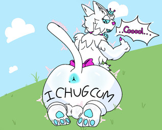 accessory anthro anus backsack balls bared_fangs bared_teeth bell bell_collar big_butt blue_anus blue_eyebrows blue_eyes blue_pawpads blue_teeth body_writing bow_ribbon butt claws collar crown dialogue eyebrows fangs flat_chested fur furgonomics genitals gesture glistening glistening_body glistening_butt gynomorph hand_gesture head_tuft headgear heart_nose heart_pawpads heart_symbol huge_butt intersex motion_lines nude nude_anthro outside pawpads pink_bow pink_claws pink_nose presenting presenting_hindquarters rear_view ribbons solo speech_bubble tail tail_accessory tail_bow tail_ribbon teeth text thumbs_up tuft tufted_fur white_body white_fur writing_on_butt justkittyful chug_(justkittyful) domestic_cat felid feline felis mammal artist_name digital_media_(artwork) hi_res shaded