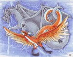 ambiguous_gender duo entwined_tails feathered_wings feathers feral flying grey_body grey_eyes grey_horn grey_mane grey_membrane heart_(marking) horn mane markings membrane_(anatomy) membranous_wings midair orange_body orange_feathers smile snout tail tail_coil white_horn wings blondefoxy european_mythology mythology dragon feathered_dragon feathered_scalie mythological_creature mythological_scalie scalie western_dragon 2008 colored_pencil_(artwork) marker_(artwork) pen_(artwork) shaded traditional_media_(artwork)