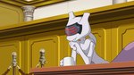 ambiguous_gender anthro beverage coffee coffee_mug courtroom grin leaning leaning_forward parody purple_tail smile smug solo tail white_body matchstick_39 ace_attorney capcom nintendo pokemon godot_(ace_attorney) generation_1_pokemon legendary_pokemon mewtwo pokemon_(species) 16:9 hi_res reaction_image widescreen