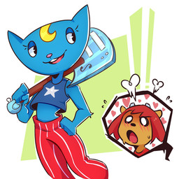 bass_guitar blonde_hair blue_body blue_fur blush clothed clothing crop_top duo female female/female fur guitar hair midriff musical_instrument orange_body orange_fur plucked_string_instrument red_hair shirt string_instrument topwear soysangury parappa_the_rapper sony_corporation sony_interactive_entertainment um_jammer_lammy katy_kat lammy_lamb bovid caprine domestic_cat felid feline felis mammal sheep 1:1 hi_res