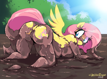all_fours anthro anthrofied ass_up blue_eyes breast_squish breasts butt cutie_mark eyelashes feathered_wings feathers female genitals hair long_eyelashes looking_back mud outside partially_submerged pink_hair solo squish text vulva wings willisrisque friendship_is_magic hasbro my_little_pony mythology fluttershy_(mlp) equid equine mammal mythological_creature mythological_equine pegasus 2016 artist_name dated