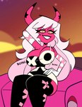 big_breasts breasts eyebrows female fingers horn looking_at_viewer pink_body pink_eyes pink_skin sitting smile solo vehicle yellow_sclera monamania helluva_boss verosika_mayday demon humanoid succubus 2022 absurd_res hi_res