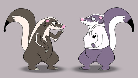 anthro black_tail_tip bottomless breasts brown_body brown_fur cheek_tuft claws clothed clothed_anthro clothed_female clothing crossgender dipstick_tail duo eye_contact facial_tuft featureless_crotch female fur grey_background hand_in_pocket heart_symbol hoodie hoodie_only looking_at_another male markings pockets purple_body purple_fur raised_tail simple_background standing tail tail_markings topwear topwear_only tuft white_body white_clothing white_fur white_hoodie white_topwear pinnipip pinnip_(pinnipip) badger hybrid mammal mephitid mustelid musteline skunk hi_res