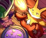 ambiguous_gender anthro cauldron duo fire fur inner_ear_fluff red_eyes tuft yellow_body yellow_fur yellow_sclera cessa_sama nintendo pokemon delphox generation_4_pokemon generation_6_pokemon ghost humanoid mismagius pokemon_(species) spirit low_res