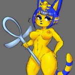 ankh anthro bob_cut bodily_fluids breasts female genital_fluids grey_background masturbation nipples nude pose simple_background solo vaginal_fluids wide_hips ranillopa animal_crossing nintendo ankha_(animal_crossing) domestic_cat felid feline felis mammal 1:1 absurd_res hi_res pinup