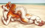 anthro beach big_butt butt detailed_background feet female hair nude nude_beach outside paws raised_tail reclining red_hair sand sea seaside simple_background sky solo tail tongue water nyxberry canid canine canis domestic_dog husky mammal nordic_sled_dog spitz