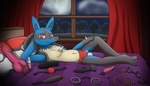 anthro ball_gag bed bedroom_eyes blindfold briefs bulge clothing cuff_(restraint) curtains dildo furniture gag hand_behind_head hand_on_leg handcuffs knot knotted_dildo looking_at_viewer lounging lube lube_bottle male metal_cuffs narrowed_eyes navel paddle pillow pokeball pokeball_clothing pokemon_clothing pokemon_underwear prostate_stimulator raised_knee restraints rope seductive sex_toy smile solo speedo swimwear underwear vibrator wand_vibrator tacomytaco nintendo pokemon generation_4_pokemon lucario pokemon_(species) absurd_res hi_res