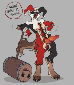 animal_genitalia animal_penis anthro balls breasts canine_genitalia canine_penis clothing fool's_hat genital_piercing genitals gynomorph hammer hat headgear headwear intersex jester knot knotted_penis nipple_piercing nipples penis piercing pubes solo text tools torn_clothing raff batman_(series) batman_vs._teenage_mutant_ninja_turtles dc_comics harley_quinn hyena_quinn hybrid hyena mammal english_text hi_res