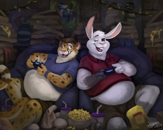 4_fingers anthro belly bottomwear box buckteeth clothing container controller duo eyebrows fingers food fur fur_markings game_controller gaming hair holding_controller holding_game_controller holding_object male male/male markings open_mouth open_smile overweight partially_covered_belly pizza pizza_box pizza_slice playing_video_game popcorn raised_eyebrow shorts smile spots spotted_body spotted_fur teeth tongue weight_gain whisker_spots whiskers kygen chad_(plokishmok3) toby_(plokishmok3) cheetah felid feline lagomorph leporid mammal rabbit 2019 5:4 signature