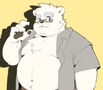 anthro belly big_belly biped clothed clothing eyewear glasses humanoid_hands kemono male moobs navel open_clothing open_shirt open_topwear overweight overweight_male shirt simple_background solo topwear inunoshippo bear mammal 2024 hi_res