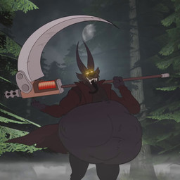 abdominal_bulge anthro belly big_belly black_body clothed clothing fog foggy_background forest fur glowing glowing_eyes holding_object holding_weapon looking_at_viewer male male_pred melee_weapon navel open_mouth plant polearm scythe smile solo standing tail teeth text tongue tree vore weapon yellow_eyes awoogasm buttblenderer ebony_(awoogasm) anubian_jackal canid canine canis jackal mammal 1:1 2d_animation animated digital_media_(artwork) english_text motion_tweening short_playtime sound video