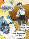 3:4 anthro anthrofied ball bottomwear clothed clothing comic dialogue english_text fully_clothed fuze generation_4_pokemon hi_res kai_(fuze) male nintendo pokemon pokemon_(species) riolu shinx shirt shorts skyler_(fuze) sport t-shirt tank_top text topwear volleyball volleyball_(ball)