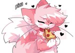 4_fingers ambiguous_gender anthro bell blush collar eating eyes_closed fingers fluffy fluffy_tail food fur hair heart_symbol holding_food holding_object jingle_bell kemono multicolored_body multicolored_fur multicolored_hair paws pink_body pink_fur pink_hair pizza solo tail white_body white_fur white_hair pinkpoffinz puffi_(pinkpoffinz) canid canine domestic_cat felid feline felis fox hybrid mammal 2024 digital_media_(artwork) hi_res nonbinary_(lore)