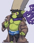 anthro black_body black_fur bulge clothed clothing coat exposed_chest fur green_body green_skin headgear male musclegut muscular nipples pecs pink_sclera scarf short solo teeth topwear underwear dandi unrealrui mojo_jojo haplorhine mammal monkey primate hi_res