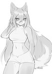 anthro biped bottomwear breasts clothed clothing crop_top female female_anthro fully_clothed fur hair hair_over_face hotpants long_hair looking_at_viewer midriff navel shirt shorts simple_background sleeveless_shirt solo standing topwear white_background bitterk4t canid canine mammal 2024 digital_drawing_(artwork) digital_media_(artwork) hi_res monochrome sketch