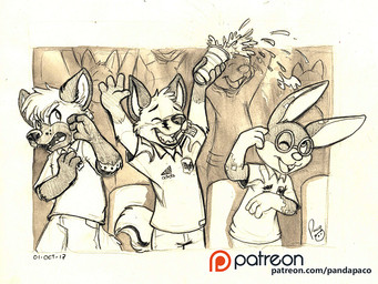 adidas_logo anthro beverage bottomwear cheering clothed clothing eyewear front_view glasses group holding_beverage holding_object logo male open_mouth open_smile pants patreon_logo round_glasses shirt smile standing t-shirt text topwear young young_anthro young_male pandapaco patreon canid canine hyena lagomorph leporid mammal rabbit 2017 4:3 artist_logo dated signature spot_color url
