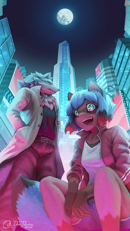 anthro bottomwear building city clothing coat collar duo full_moon fur hand_in_pocket jacket moon open_mouth pants pockets shorts sky skyscraper topwear trenchcoat dankitsune brand_new_animal netflix studio_trigger michiru_kagemori shirou_ogami canid canine canis mammal raccoon_dog tanuki wolf 2020 digital_media_(artwork) digital_painting_(artwork) hi_res painting_(artwork)