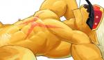 abs anthro black_nose chewing chewing_grass grass hair male muscular muscular_anthro muscular_male nude object_in_mouth plant scar simple_background sleeping solo visor white_background white_hair bada-butterfly bandai_namco digimon bancholeomon digimon_(species) felid mammal