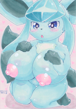 3_fingers anthro anthrofied areola barely_visible_genitalia barely_visible_vulva big_breasts blue_body blue_eyes blue_fur blush breasts censor_bar chest_tuft cute_fangs fangs feet female female_anthro fingers fluffy fur genitals glistening glistening_body gloves_(marking) heart_symbol huge_breasts ineffective_censorship kemono kneeling leg_markings markings multicolored_body multicolored_fur nipples nude open_mouth paws pokemorph shortstack shortstack_female socks_(marking) solo tail teeth toes tuft vulva silvestris_rui nintendo pokemon canid eeveelution generation_4_pokemon glaceon mammal pokemon_(species) 2021 censored dated hi_res signature traditional_media_(artwork)