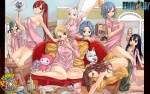 bathrobe bra breasts clothing eyewear female food glasses group pajamas pillow pizza plushie robe towel towel_only underwear mashima_hiro fairy_tail bisca_connell cana_alberona charle_(fairy_tail) erza_scarlet evergreen_(fairy_tail) juvia_lockser levy_mcgarden lucy_heartfilia mirajane_strauss wendy_marvell canid canine canis domestic_cat domestic_dog felid feline felis mammal