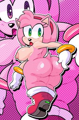 accessory anthro big_breasts big_butt boots bracelet breasts butt clothing female footwear fur gloves green_eyes hair_accessory hairband handwear jewelry mostly_nude nipples pink_background pink_body pink_fur shoes simple_background solo tail tan_body tan_nipples tan_skin mschaox6 sega sonic_the_hedgehog_(series) amy_rose eulipotyphlan hedgehog mammal hi_res
