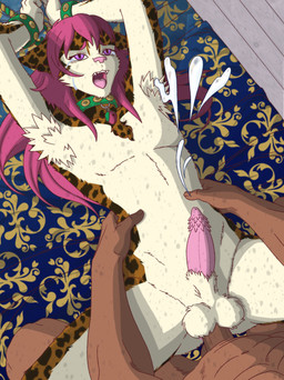 abs anal anal_orgasm anal_penetration animal_genitalia anthro bed_sheet bedding bell bell_collar bodily_fluids collar cuff_(restraint) cum cum_while_penetrated cumshot duo ejaculation fur genital_fluids genitals hair hands-free male male/male markings orgasm orgasm_face penetration pink_hair purple_eyes questionable_consent restraints spots spotted_body spotted_fur strawberrycat24 strawberry_(strawberrycat24) winston_wheat(strawberrycat24) felid feline human mammal hi_res