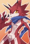 abs anthro cute_fangs fangs horn male red_body scarf solo teeth yellow_eyes fucoidance bandai_namco digimon digimon_ghost_game betelgammamon digimon_(species) scalie hi_res