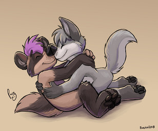 anthro black_pawpads brown_body brown_fur brown_tail closed_smile duo eyes_closed fur grey_body grey_fur grey_tail logo male mouth_closed nose_to_nose nude pawpads side_view smile tail white_body white_fur white_tail young young_anthro young_male pandapaco canid canine mammal procyonid raccoon 2018 artist_logo signature