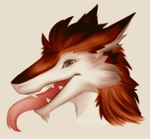 absurd_res anthro commissioner_(lofinebulae) fluffy forked_tongue grin headshot_portrait hi_res icon lofinebulae long_tongue male portrait sergal simple_background smile solo teeth teeth_showing tongue warm_colors