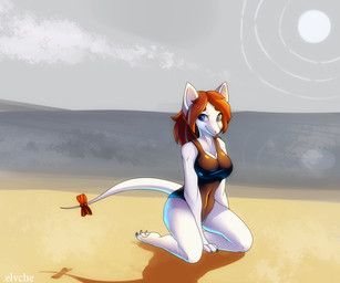 accessory anthro beach bow_(feature) bow_accessory bow_ribbon breasts claws clothing detailed_background female furgonomics hair long_hair long_tail one-piece_swimsuit outside red_hair ribbons sand sea seaside sky smile solo sun swimwear tail tail_accessory tail_bow tail_ribbon toe_claws water conditional_dnp elvche final_fantasy final_fantasy_ix square_enix burmecian mammal rodent digital_media_(artwork) hi_res