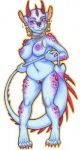 belly blue_body blue_skin breasts claws collar curvy_figure ear_piercing female heart_symbol horn nipple_piercing nipples non-mammal_breasts non-mammal_nipples nude piercing red_eyes slightly_chubby solo spikes tail voluptuous emberhart mythology selena_emberhart dragon mythological_creature mythological_scalie scalie