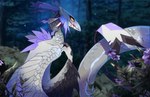 ambiguous_gender detailed_background feathered_wings feathers feral forest night orange_eyes outside plant solo tree white_body white_feathers wings smooshkin 2022 digital_media_(artwork)