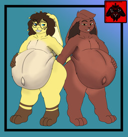 anthro back_to_back belly big_belly brown_body caressing duo floppy_ears hair looking_at_viewer male male/male male_pred navel simple_background smug_face standing vore yellow_body cherryterror kerot_(snesboxyoshi) winder_(winderbun) lagomorph leporid mammal rabbit 2025 hi_res
