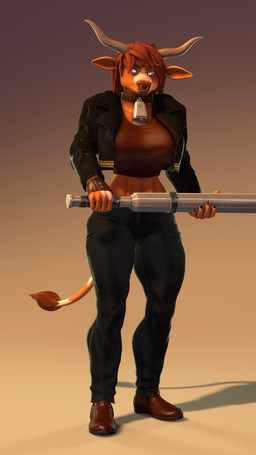 2_horns 5_fingers abs anthro bell bell_collar big_breasts black_bottomwear black_clothing black_jacket black_pants black_topwear bottomwear breasts brown_body brown_clothing brown_footwear brown_fur brown_gloves brown_hair brown_handwear brown_shirt brown_shoes brown_topwear clothed clothed_anthro clothed_female clothing collar colored_nails cowbell evil_grin facial_piercing female fingers footwear fur gloves grey_eyes grin grinning_at_viewer hair handwear holding_mace holding_melee_weapon holding_object holding_weapon horn jacket leather leather_clothing leather_gloves leather_handwear looking_at_viewer mace melee_weapon multicolored_body multicolored_fur muscular muscular_anthro muscular_female nails navel nose_piercing nose_ring pants piercing ring_piercing septum_piercing septum_ring shirt shoes simple_background smile smiling_at_viewer solo tail tail_tuft topwear tuft weapon white_body white_fur thevestige petruz_(modeler) cattle_(petruz) clarabelle_(thevestige) bovid bovine cattle longhorn mammal 3d_(artwork) 9:16 digital_media_(artwork) hi_res portrait source_filmmaker_(artwork)
