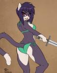 2017 anthro breasts butt butt_pose clothed clothing conditional_dnp digital_media_(artwork) domestic_cat exposure_variation felid feline felis female fluff-kevlar fur hair looking_at_viewer mammal melee_weapon multicolored_body multicolored_fur pose purple_body purple_fur purple_hair red_eyes sesame_akane solo standing swimwear sword two_tone_body two_tone_fur uberquest weapon white_body white_fur