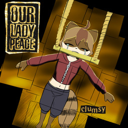 anthro bite bodily_fluids bottomwear clothing crying ear_piercing female jacket piercing shoeless shorts solo tears topwear trapeze waterpijama our_lady_peace emily_(e254e) canid canine mammal raccoon_dog tanuki 1:1 album_cover cover hi_res