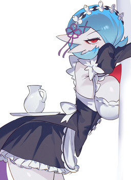 bent_over blue_hair breast_squish breasts clothing female hair leaning_on_wall looking_at_viewer maid_headdress maid_uniform object_on_butt red_eyes solo squish uniform white_body chunniwa nintendo pokemon gardevoir generation_3_pokemon humanoid pokemon_(species) hi_res