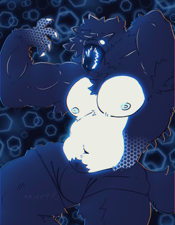 abstract_background anthro biped black_body black_fur blue_nipples bulge claws clothed clothing countershade_torso countershading fur glowing hairy machine male male_anthro musclegut muscular muscular_anthro muscular_male nipples pecs pubes slightly_chubby slightly_chubby_anthro slightly_chubby_male solo topless white_body white_claws white_countershading white_fur unknown_artist canid canine mammal protogen hi_res source_request