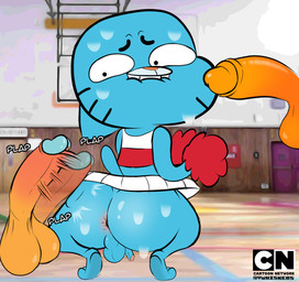 anthro anus balls big_butt bite biting_lip blue_body blue_fur bodily_fluids bottomwear butt cheerleader cheerleader_outfit clothed clothing cockslap crossdressing disembodied_penis erection fur genitals group group_sex gym humanoid_genitalia humanoid_penis imminent_sex male male/male nude penile penis pom_poms school sex shota skirt slap small_penis smile sweat tail text threesome topwear trio young young_anthro vwhiskers cartoon_network the_amazing_world_of_gumball darwin_watterson gumball_watterson tobias_wilson aquatic domestic_cat felid feline felis fish mammal digital_media_(artwork) english_text hi_res brother_(lore) incest_(lore) sibling_(lore)