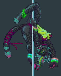 anthro breasts dancing female genitals nipple_tape nude pasties pole pole_dancing simple_background smile solo spread_legs spreading tape teeth upside_down vulva servojob felid mammal pantherine hi_res