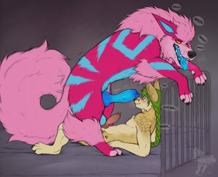 animal_genitalia animal_penis anthro anthro_on_feral balls bed bestiality big_penis blue_penis blush bodily_fluids brown_body canine_genitalia canine_penis claws duo fangs feral furniture genital_fluids genitals green_hair hair humanoid_genitalia humanoid_penis inside knot knotted_penis leaking_precum looking_at_genitalia male male/male multicolored_body on_bed penis precum precum_on_face red_penis saliva size_difference speech_bubble tail teeth throbbing throbbing_penis tongue tongue_out fenn.perrox nintendo pokemon phenique arcanine canid canine fennec_fox fox generation_1_pokemon mammal pokemon_(species) true_fox hi_res