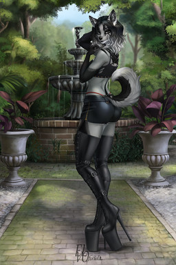 anthro biped boots bottomwear breasts butt claws clothed clothed_anthro clothed_female clothing detailed_background ear_piercing ear_stud facial_piercing female fingers footwear fountain fully_clothed fully_clothed_anthro fully_clothed_female fur hair high_heeled_boots high_heels inner_ear_fluff legwear looking_at_viewer nose_piercing nose_ring nostril_piercing nostril_ring outside piercing plant rear_view ring_piercing shoes solo standing tail thigh_boots thigh_highs topwear tree tuft elvofirida wynter_ice canid canine mammal 2026 2:3 digital_drawing_(artwork) digital_media_(artwork) hi_res