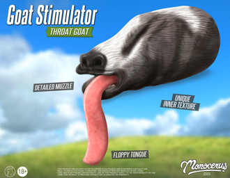 black_nose blue_sky fake_advertisement feral fur grass grey_body grey_fur long_tongue open_mouth outside penetrable_sex_toy pink_tongue plant sex_toy silicone sky text tongue monocerus coffee_stain_studios goat_simulator pilgor_(goat_simulator) bovid caprine goat mammal absurd_res english_text hi_res