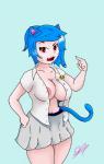 alternate_species breasts clothed clothing cyan_background female gesture hand_gesture humanoidized mature_female mature_humanoid nipples partially_clothed pointing pointing_at_self simple_background solo zaanne cartoon_network the_amazing_world_of_gumball nicole_watterson animal_humanoid cat_humanoid domestic_cat felid felid_humanoid feline feline_humanoid felis humanoid mammal mammal_humanoid hi_res